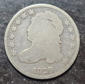 Close up of a 1829 bust dime