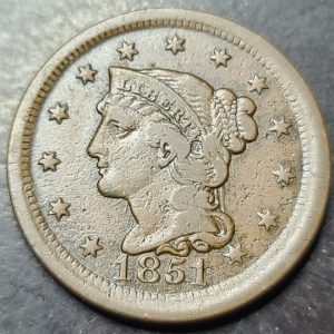 A close up of the obverse 1851 large cent 