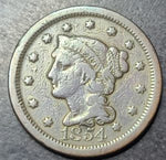 Close up of an 1854 large cent 