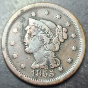 Close up of an 1855 large cent