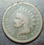 Vintage U.S. coin with a profile of a Indian and '1876' on a dark background