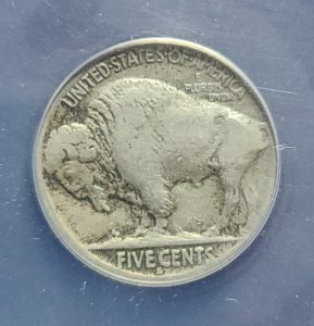 Buffalo Nickel coin on a blue background