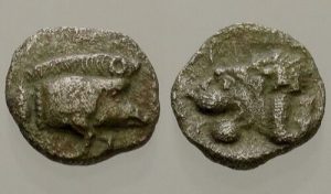 Close up of a silver ancient coin