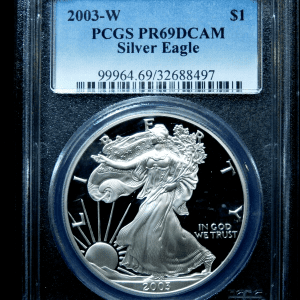 Silver Eagle coin with a blue label on a black background