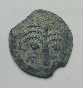 Bronze coin with intricate design on a gray background