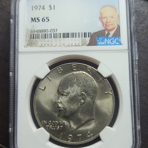 1974 Eisenhower dollar coin graded MS 65 by NGC on a black background